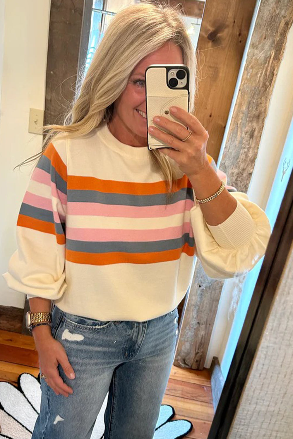 Beige Stripe Puff Sleeve Casual Pullover Sweatshirt