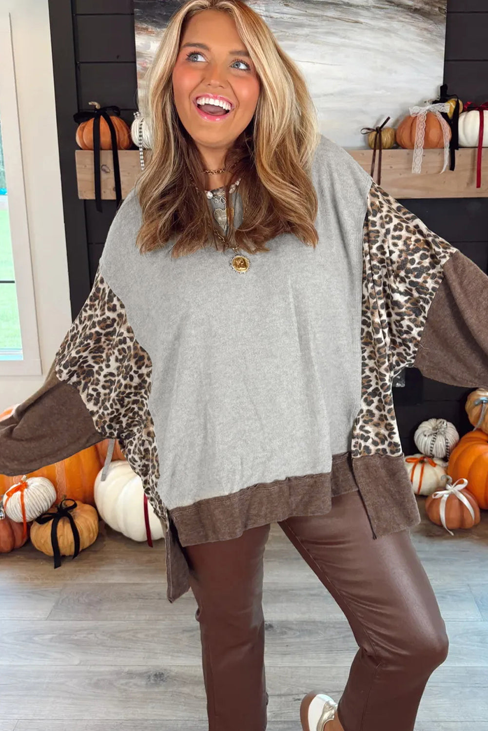 Gray Color Block Leopard Patchwork Dolman Sleeve High Low Baggy Sweatshirt
